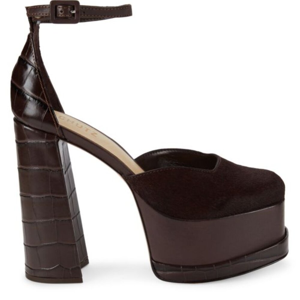 Schutz Croc Embossed Leather Trim Platform Pumps